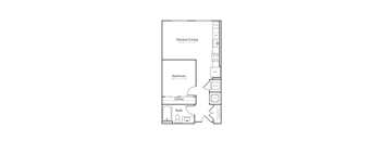 A floor plan of a small apartment with a kitchen, living room, bedroom, bathroom, and closet.